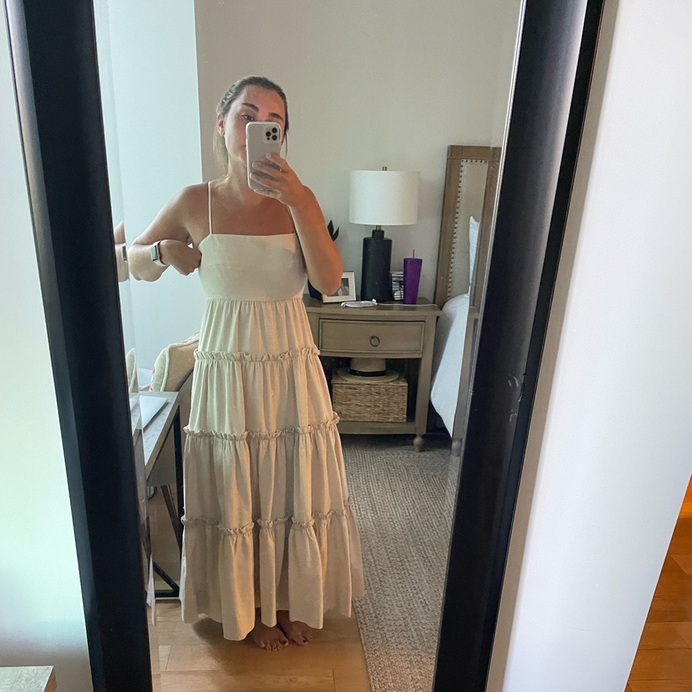Shona Joy Fiona Open Back Tiered Midi Dress Oatmeal